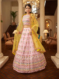 Myra Pink and Yellow Georgette Embroidered Designer Lehenga