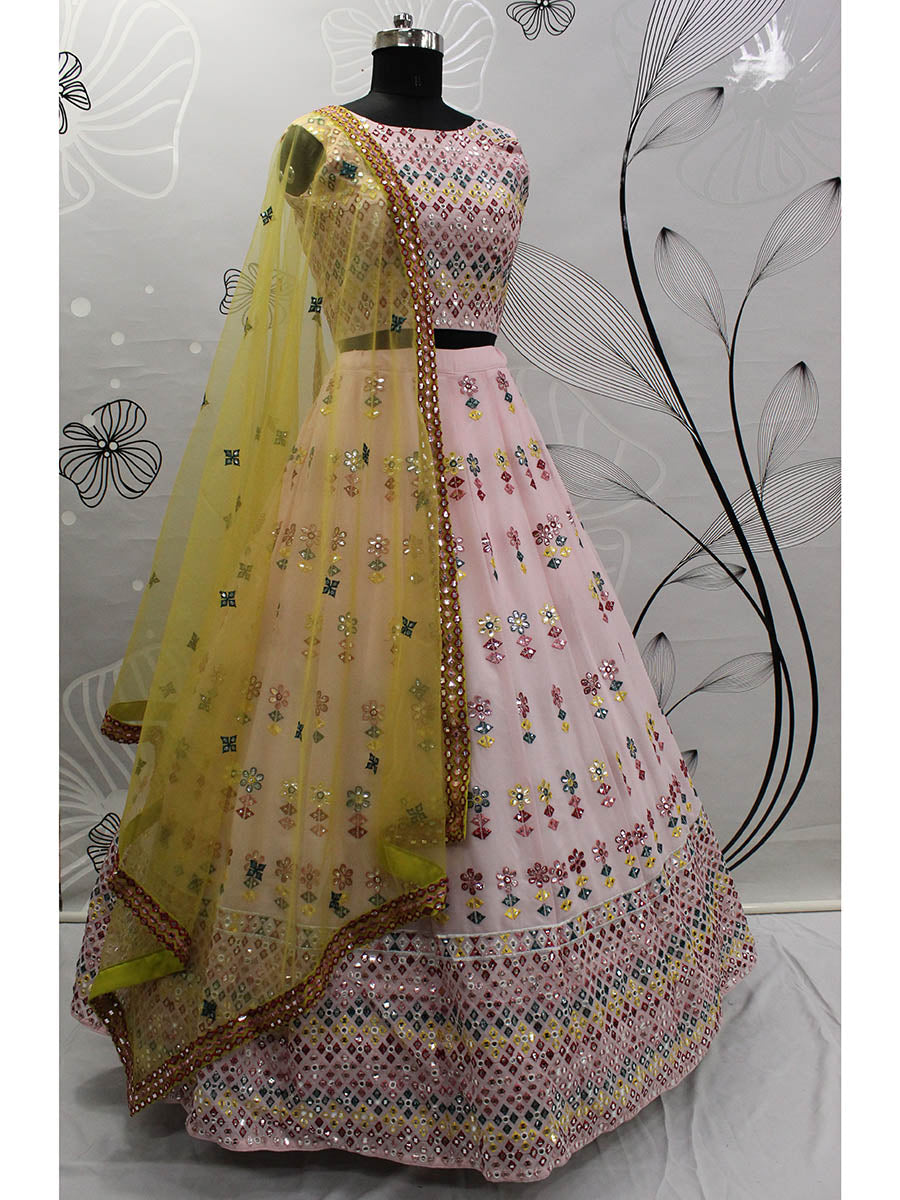 Myra Pink and Yellow Georgette Embroidered Designer Lehenga