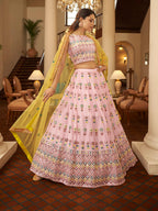 Myra Pink and Yellow Georgette Embroidered Designer Lehenga