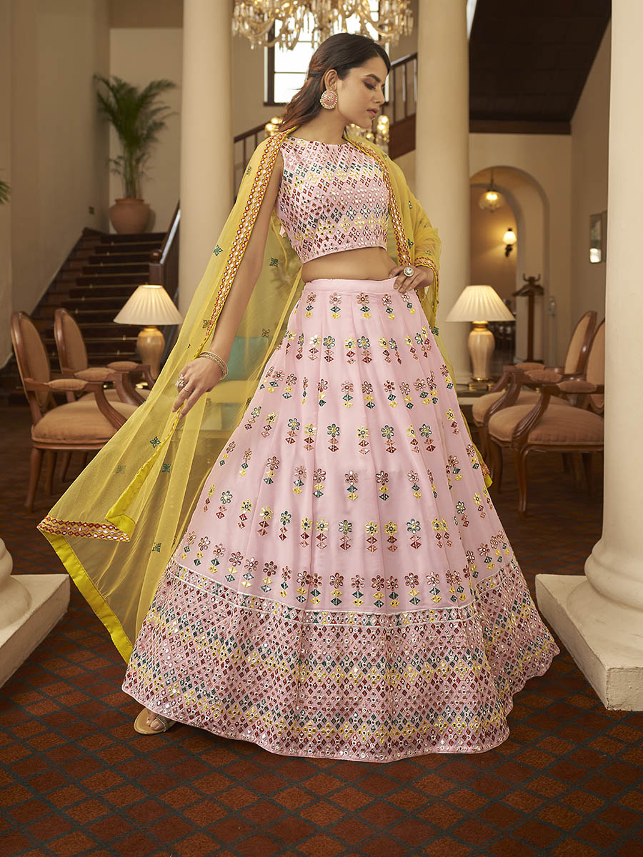 Myra Pink and Yellow Georgette Embroidered Designer Lehenga
