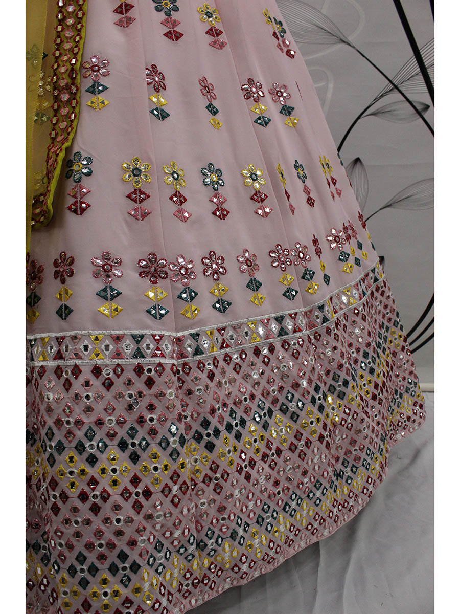Myra Pink and Yellow Georgette Embroidered Designer Lehenga