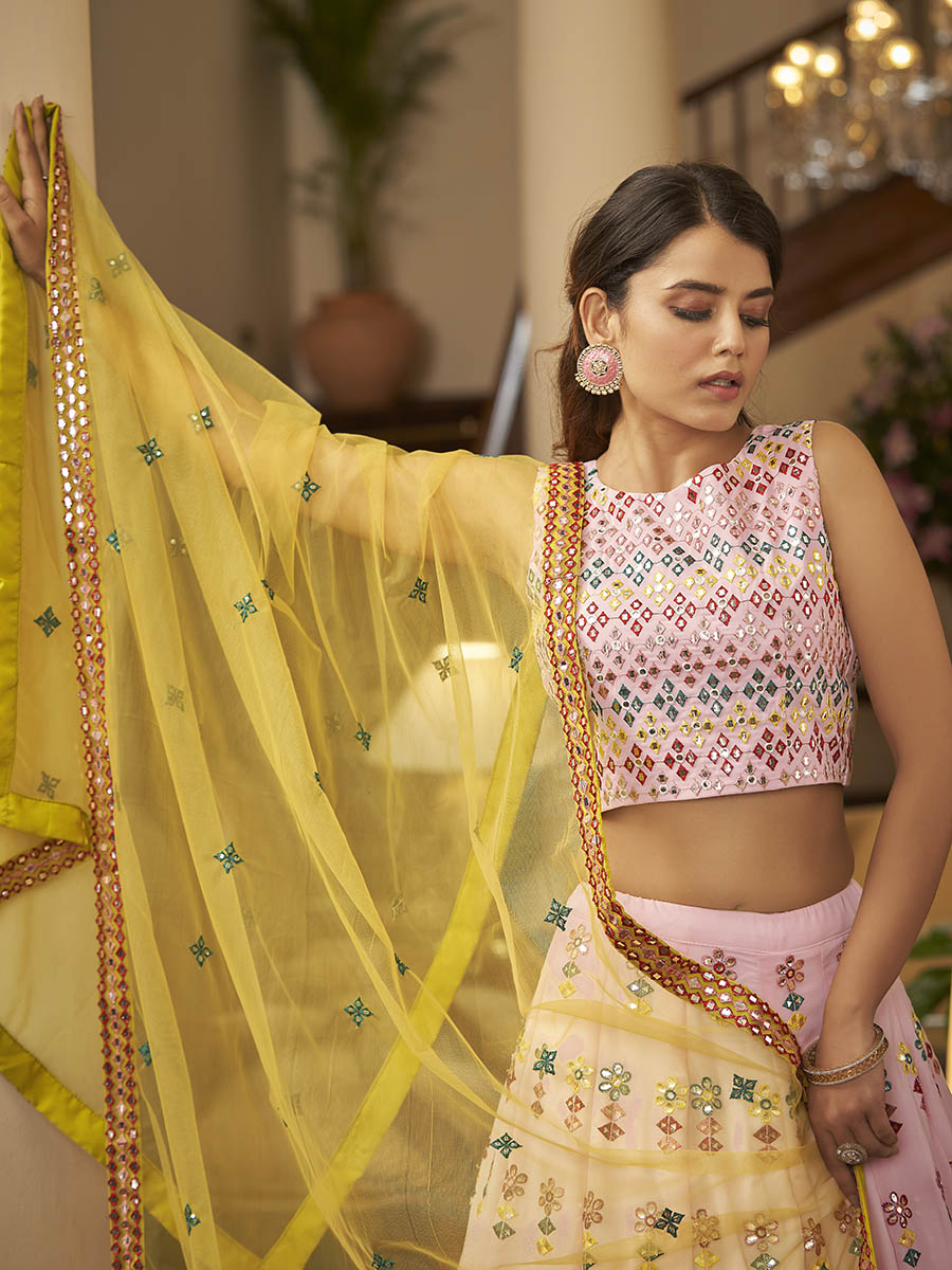 Myra Pink and Yellow Georgette Embroidered Designer Lehenga
