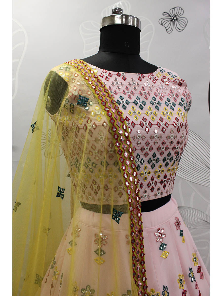 Myra Pink and Yellow Georgette Embroidered Designer Lehenga