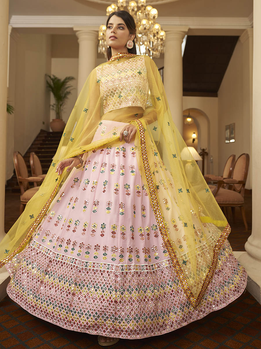 Myra Pink and Yellow Georgette Embroidered Designer Lehenga