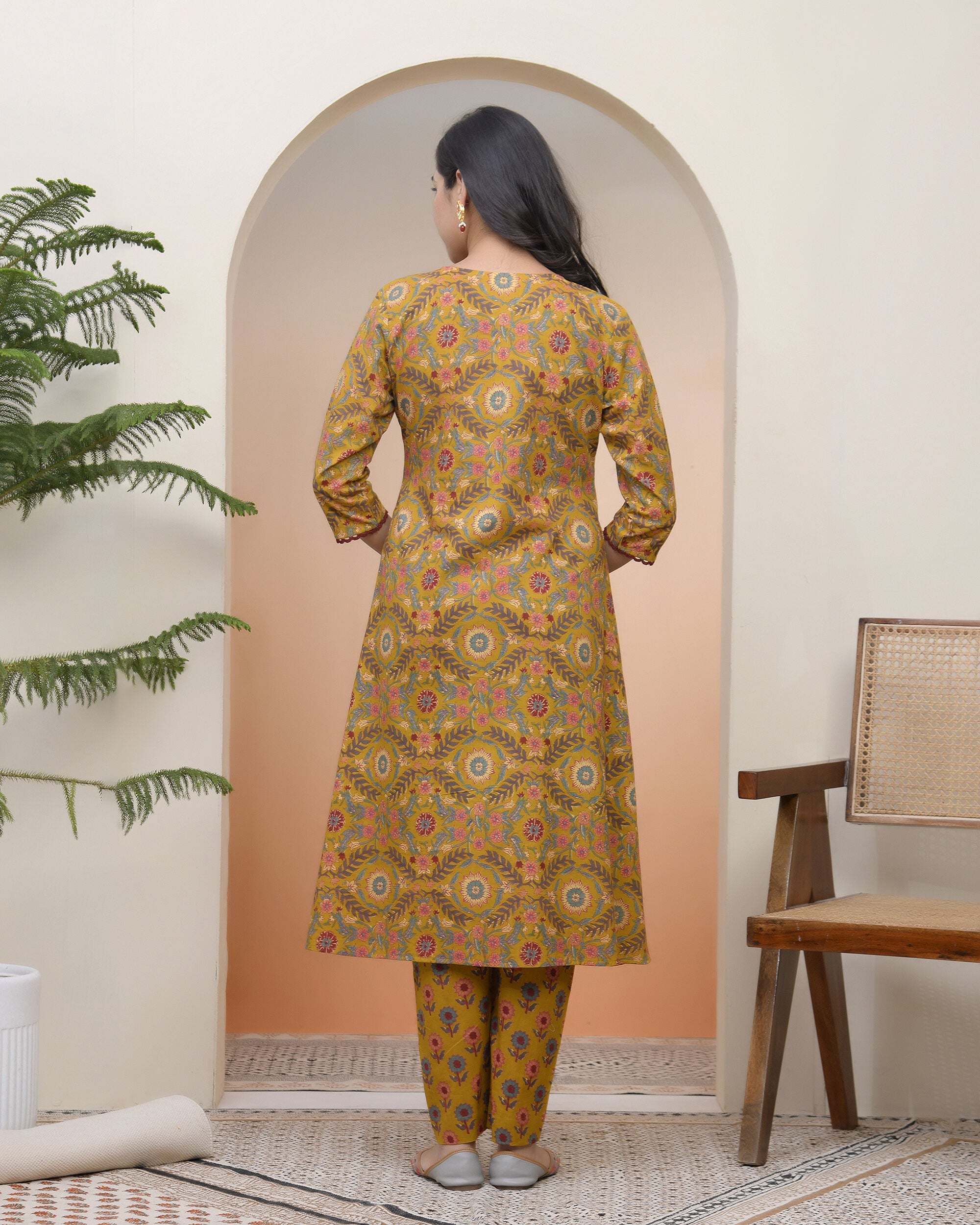Vaasva Women Mustard Cotton Angrakha Kurta With Cotton Pant & Dupatta