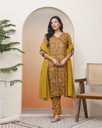 Vaasva Women Mustard Cotton Angrakha Kurta With Cotton Pant & Dupatta