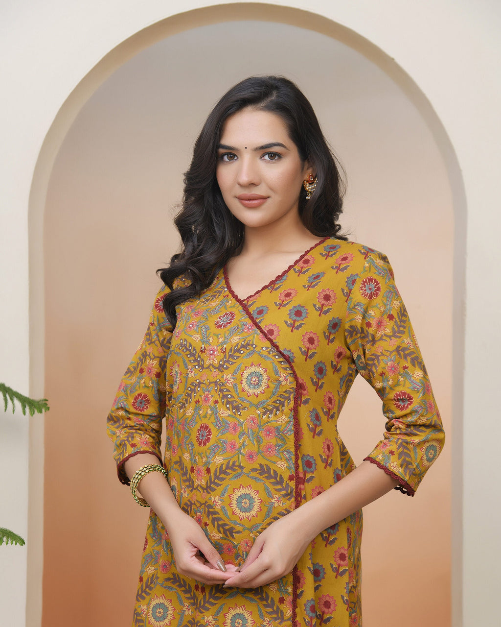 Vaasva Women Mustard Cotton Angrakha Kurta With Cotton Pant & Dupatta