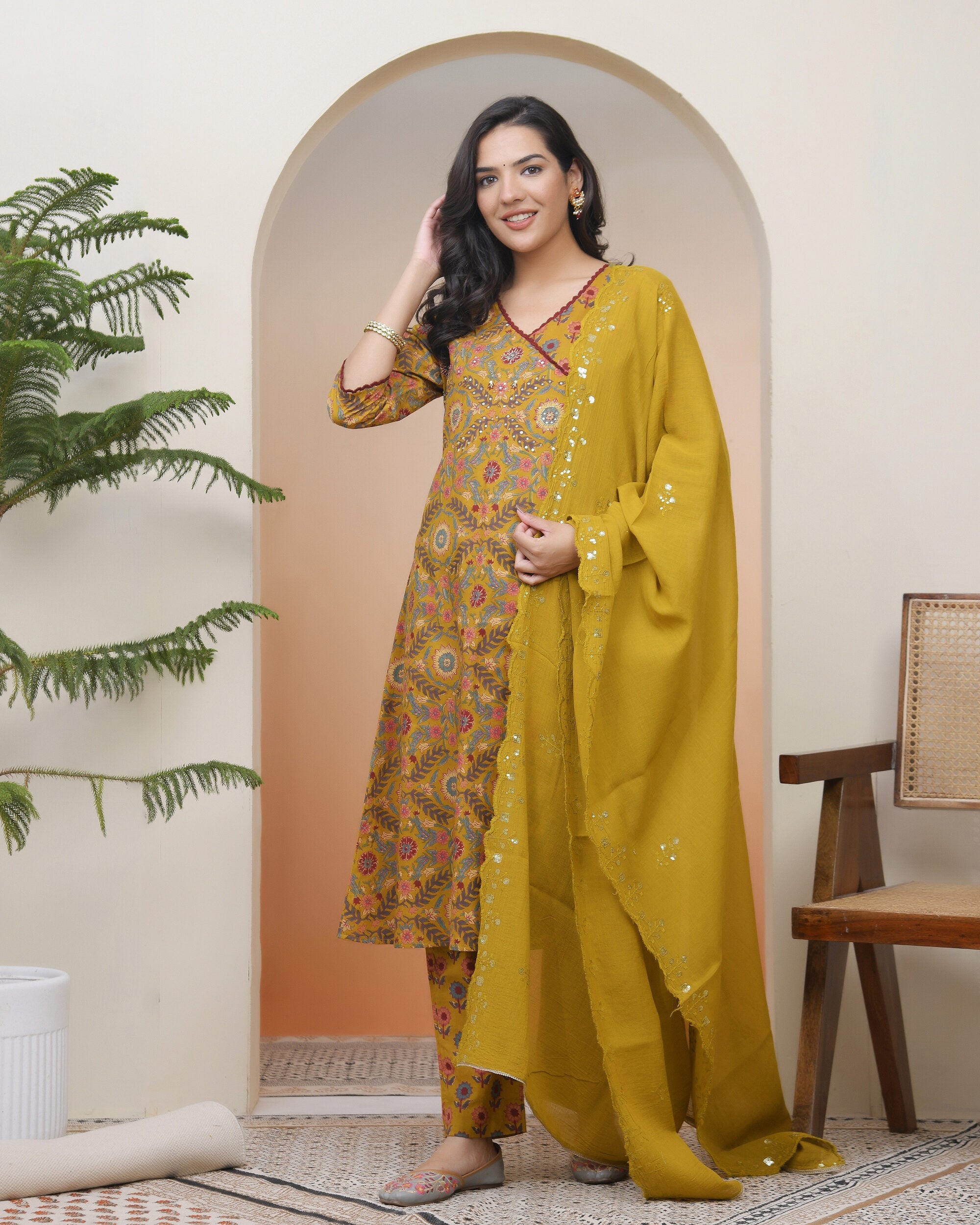Vaasva Women Mustard Cotton Angrakha Kurta With Cotton Pant & Dupatta