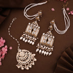 Tehzeeb Creations Stylish White Pearls Doli-Palki Kundan Earrings With Ear Chain With Tikka - Distacart