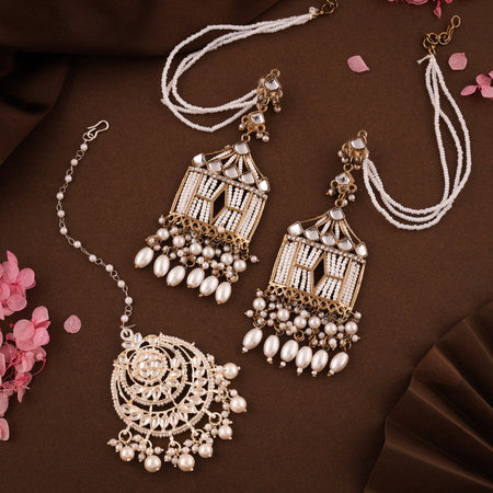 Tehzeeb Creations Stylish White Pearls Doli-Palki Kundan Earrings With Ear Chain With Tikka