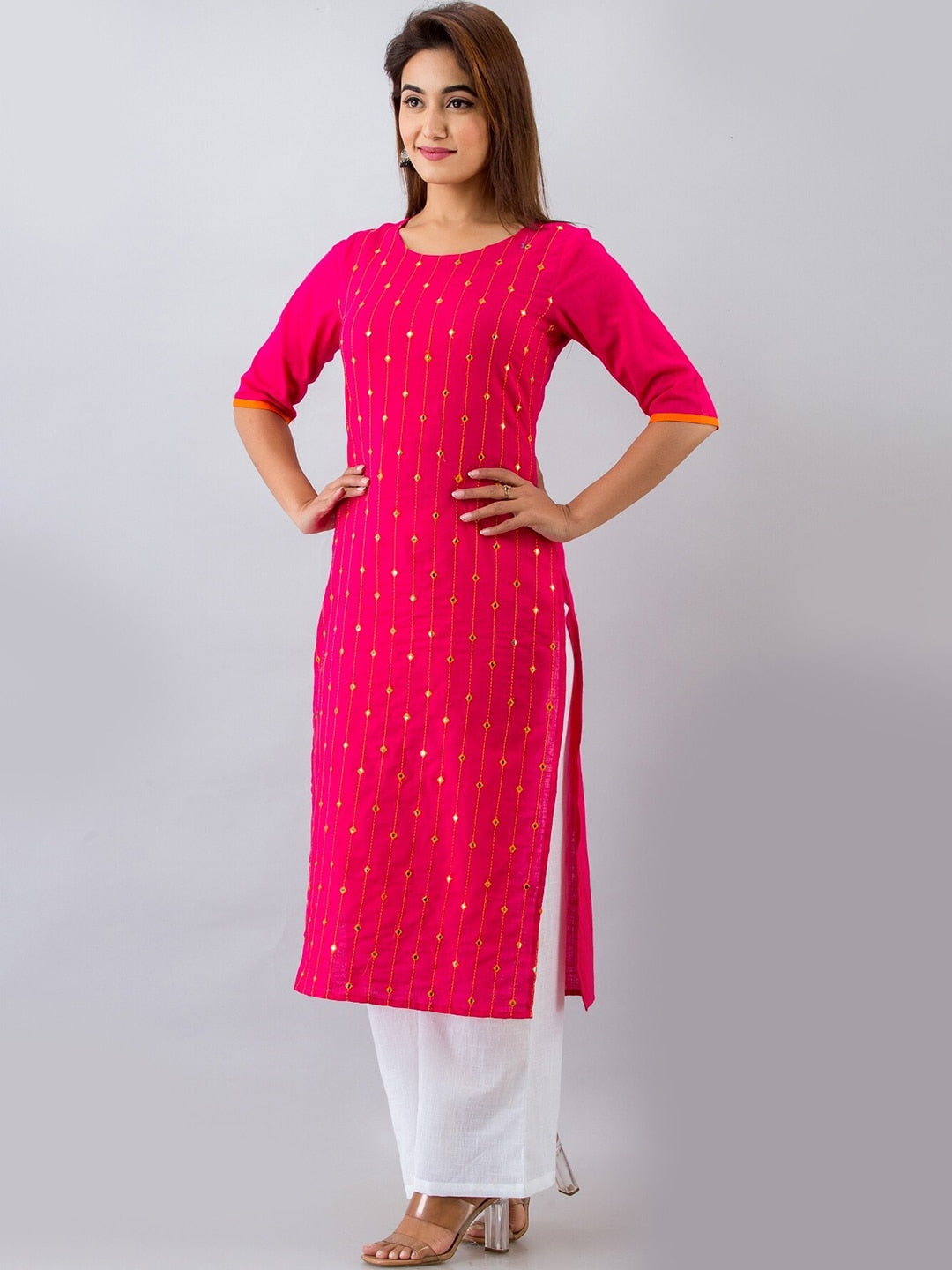HERE&NOW Pink & White Geometric Embroidered Mirror Work Kurta with Palazzos