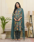 Vaasva Women Dark Sea Cotton Gathered Kurta With Cotton Pant & Dupatta - Distacart