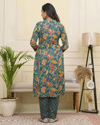 Vaasva Women Dark Sea Cotton Gathered Kurta With Cotton Pant & Dupatta - Distacart