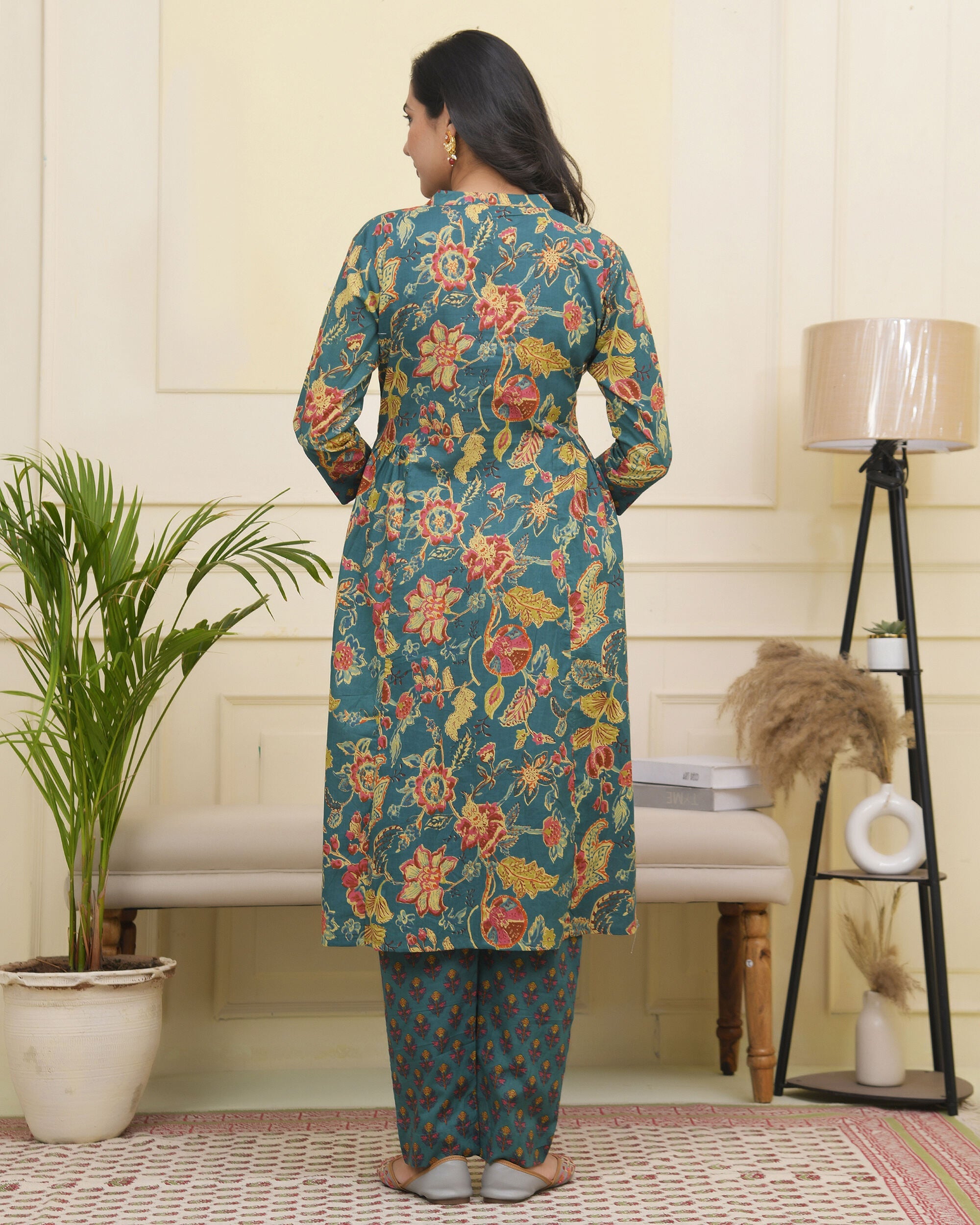 Vaasva Women Dark Sea Cotton Gathered Kurta With Cotton Pant & Dupatta - Distacart