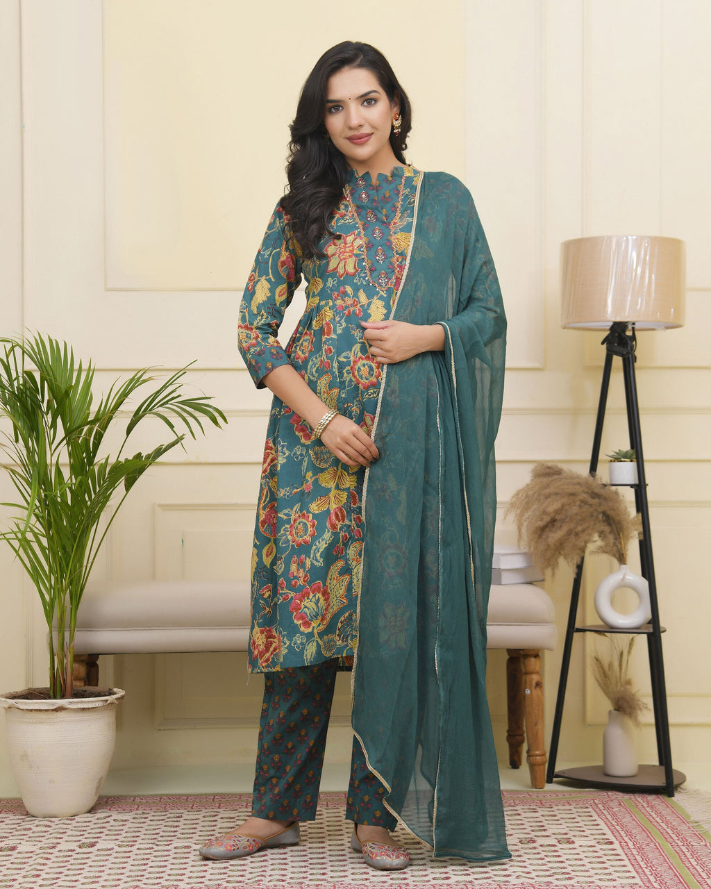 Vaasva Women Dark Sea Cotton Gathered Kurta With Cotton Pant & Dupatta - Distacart