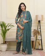 Vaasva Women Dark Sea Cotton Gathered Kurta With Cotton Pant & Dupatta - Distacart
