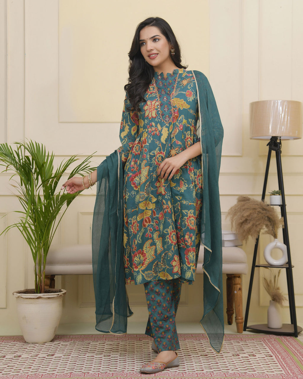 Vaasva Women Dark Sea Cotton Gathered Kurta With Cotton Pant & Dupatta - Distacart