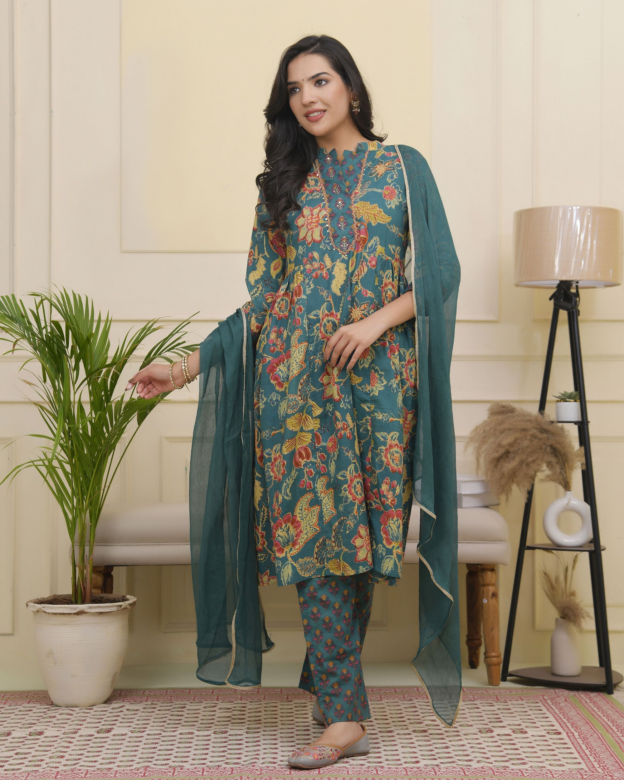 Vaasva Women Dark Sea Cotton Gathered Kurta With Cotton Pant & Dupatta - Distacart
