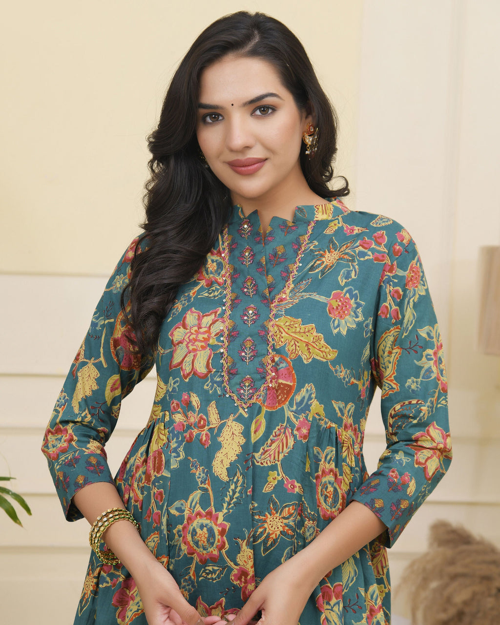 Vaasva Women Dark Sea Cotton Gathered Kurta With Cotton Pant & Dupatta - Distacart