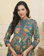 Vaasva Women Dark Sea Cotton Gathered Kurta With Cotton Pant & Dupatta - Distacart