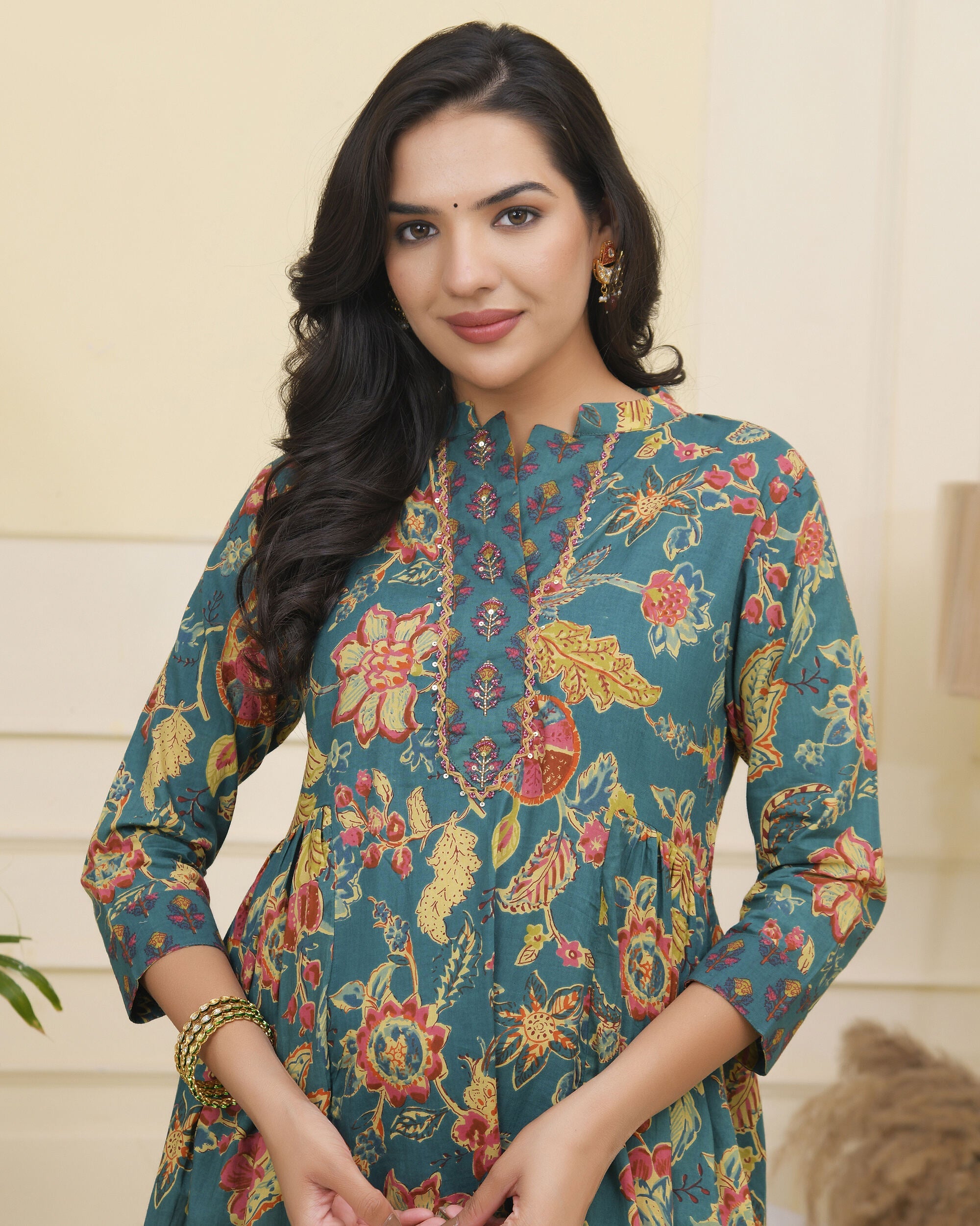 Vaasva Women Dark Sea Cotton Gathered Kurta With Cotton Pant & Dupatta - Distacart