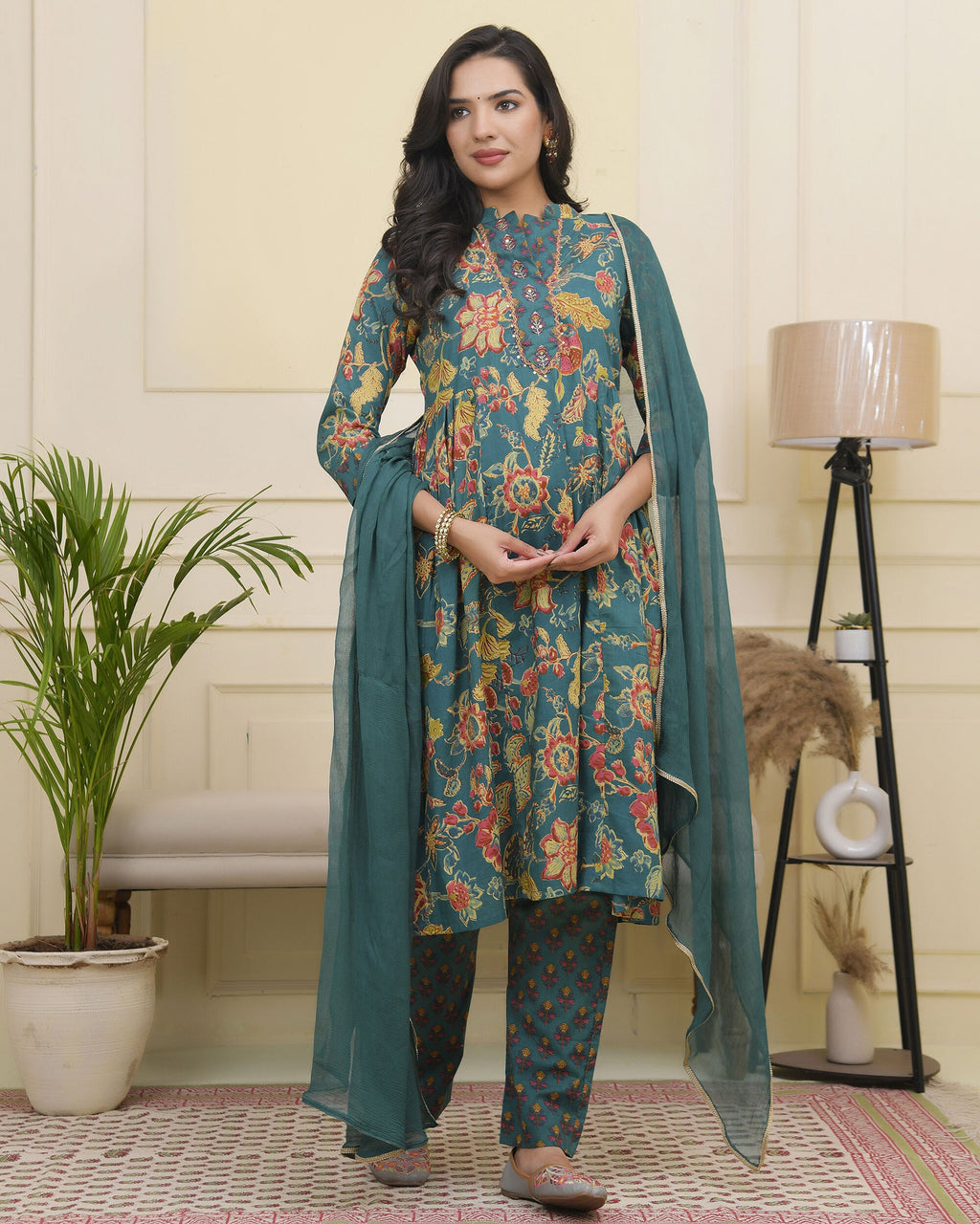 Vaasva Women Dark Sea Cotton Gathered Kurta With Cotton Pant & Dupatta - Distacart