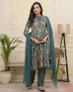 Vaasva Women Dark Sea Cotton Gathered Kurta With Cotton Pant & Dupatta - Distacart