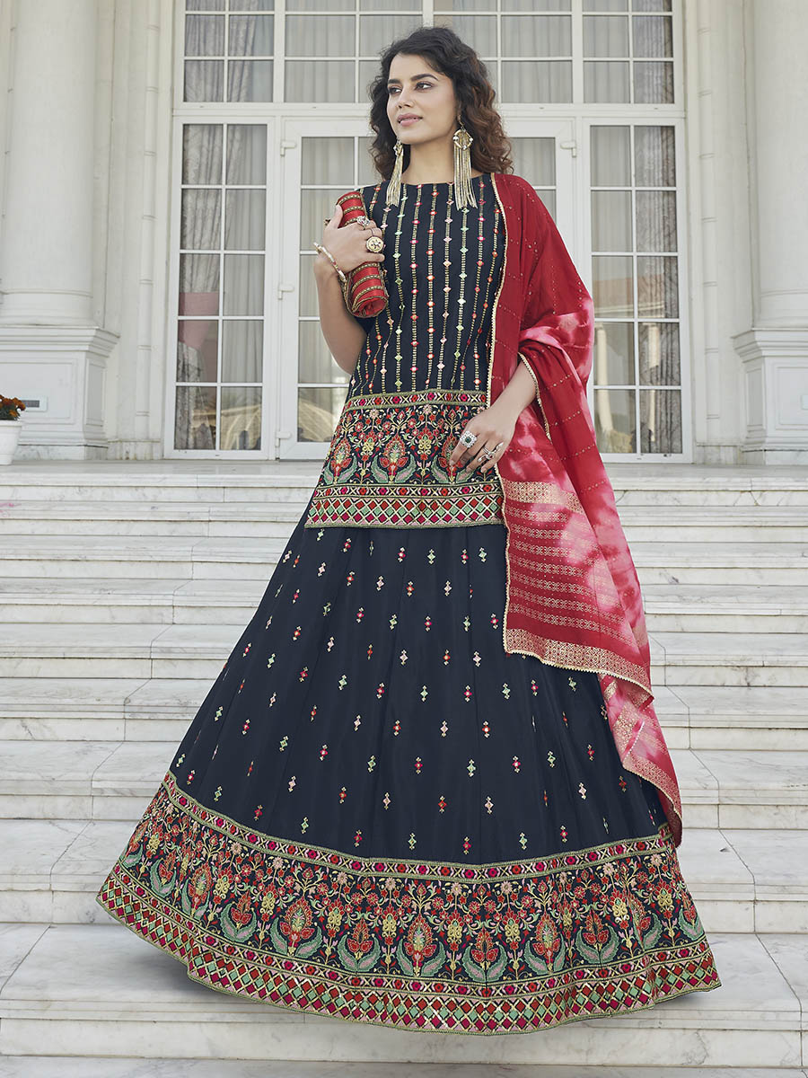 Myra Navy Blue - Pink Embroidered Designer Lehenga