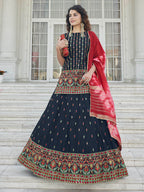 Myra Navy Blue - Pink Embroidered Designer Lehenga