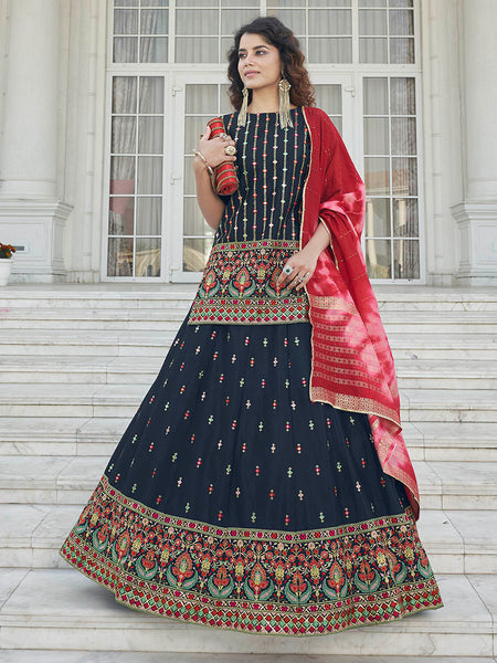 Myra Navy Blue - Pink Embroidered Designer Lehenga