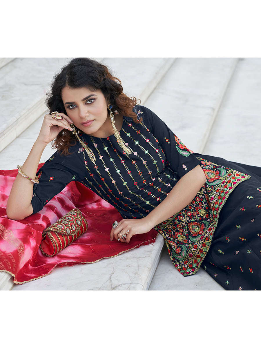 Myra Navy Blue - Pink Embroidered Designer Lehenga
