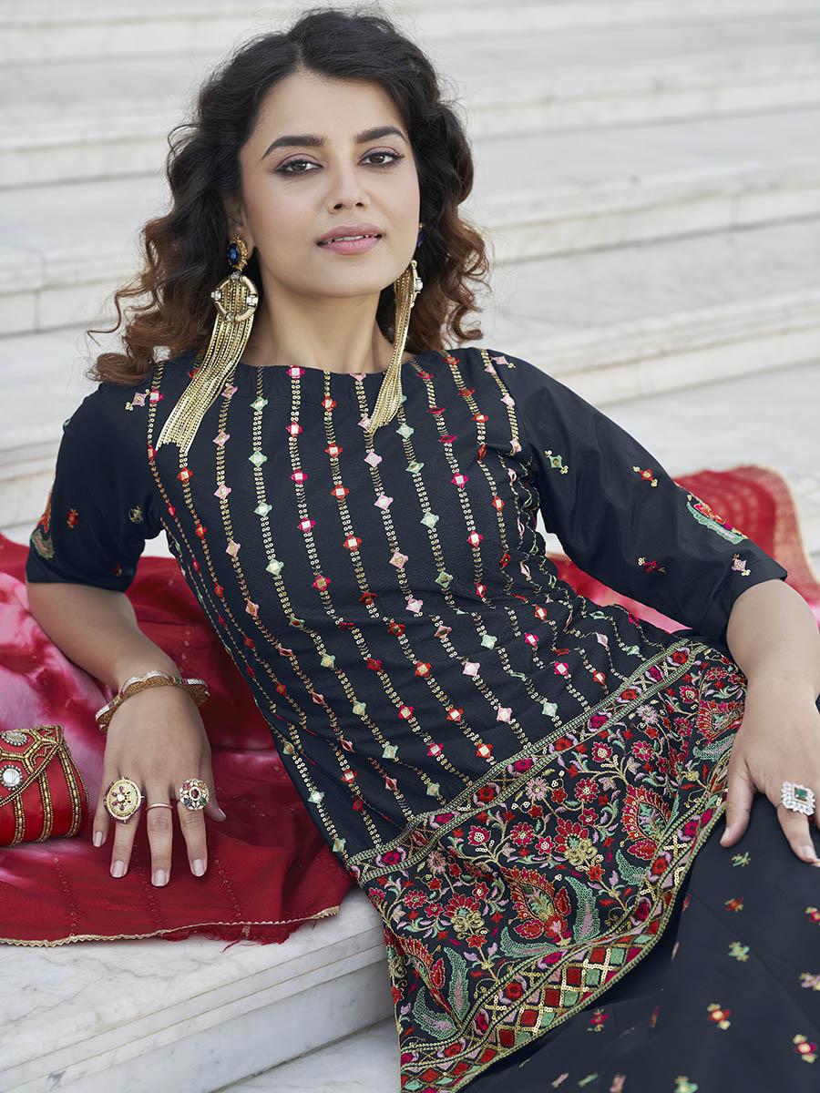 Myra Navy Blue - Pink Embroidered Designer Lehenga