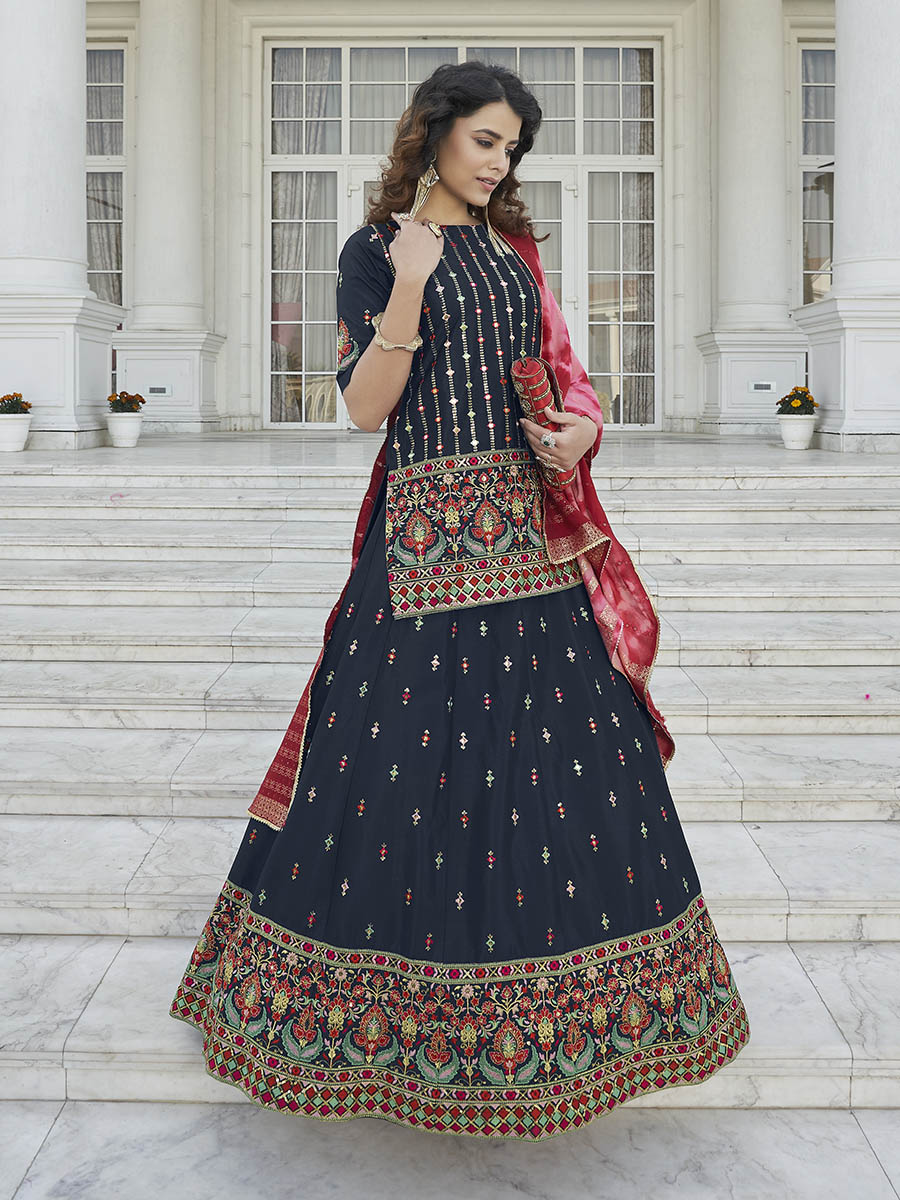 Myra Navy Blue - Pink Embroidered Designer Lehenga