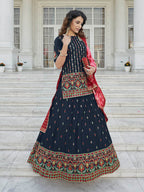Myra Navy Blue - Pink Embroidered Designer Lehenga
