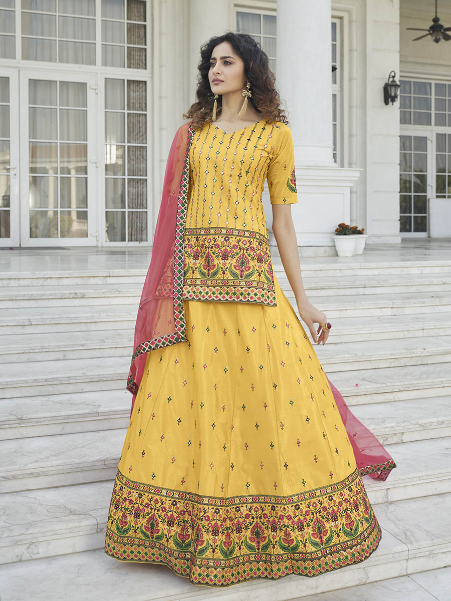 Myra Yellow - Deep Pink Embroidered Designer Lehenga
