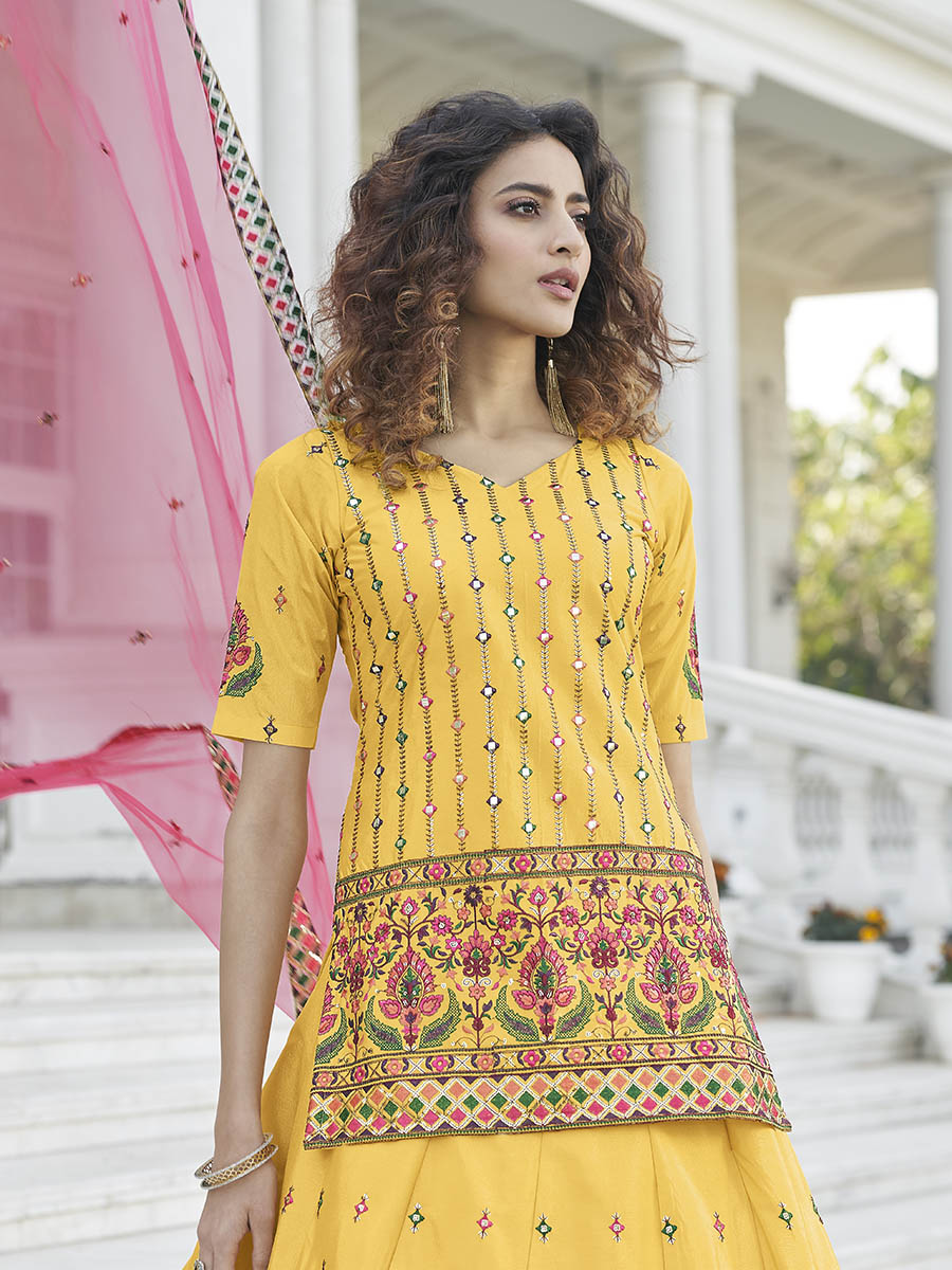 Myra Yellow - Deep Pink Embroidered Designer Lehenga