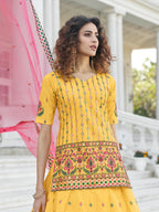 Myra Yellow - Deep Pink Embroidered Designer Lehenga