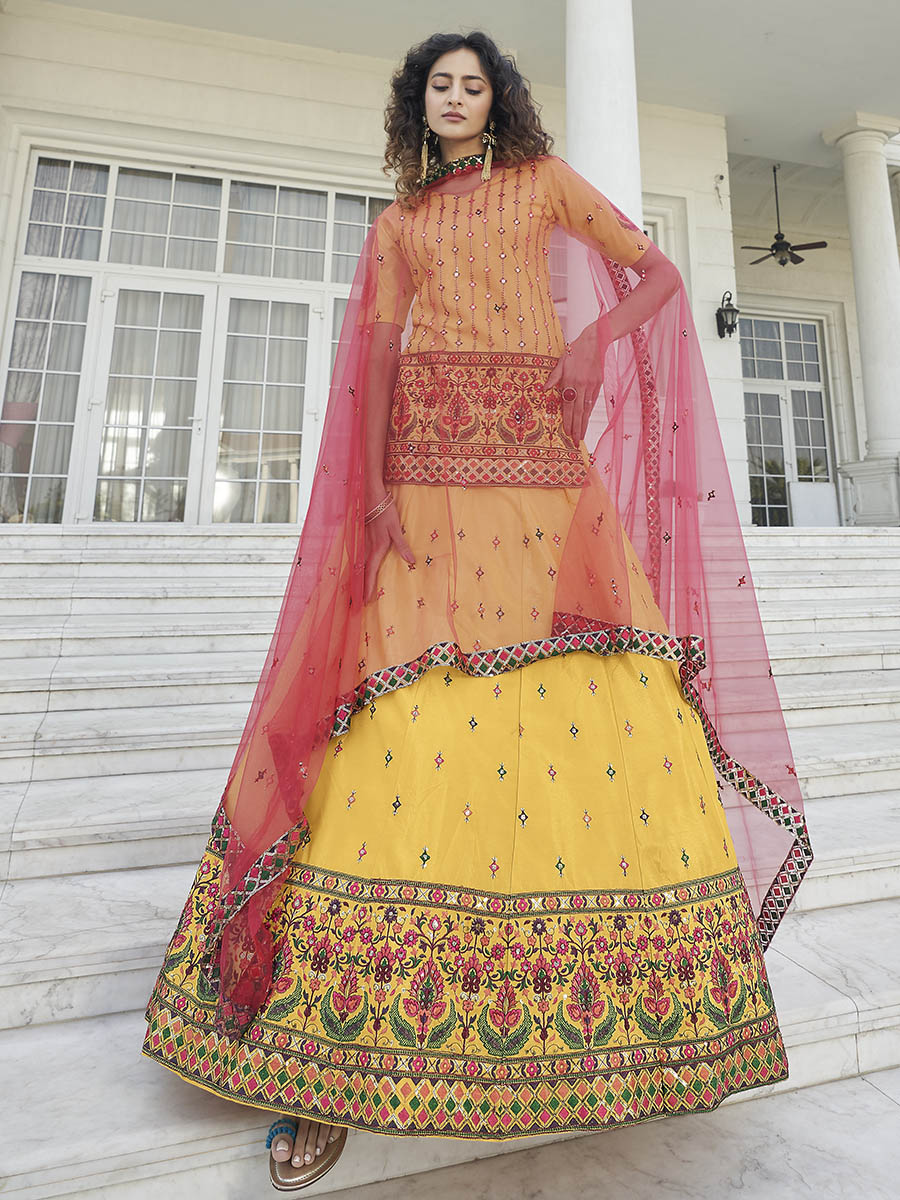 Myra Yellow - Deep Pink Embroidered Designer Lehenga