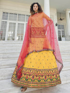 Myra Yellow - Deep Pink Embroidered Designer Lehenga