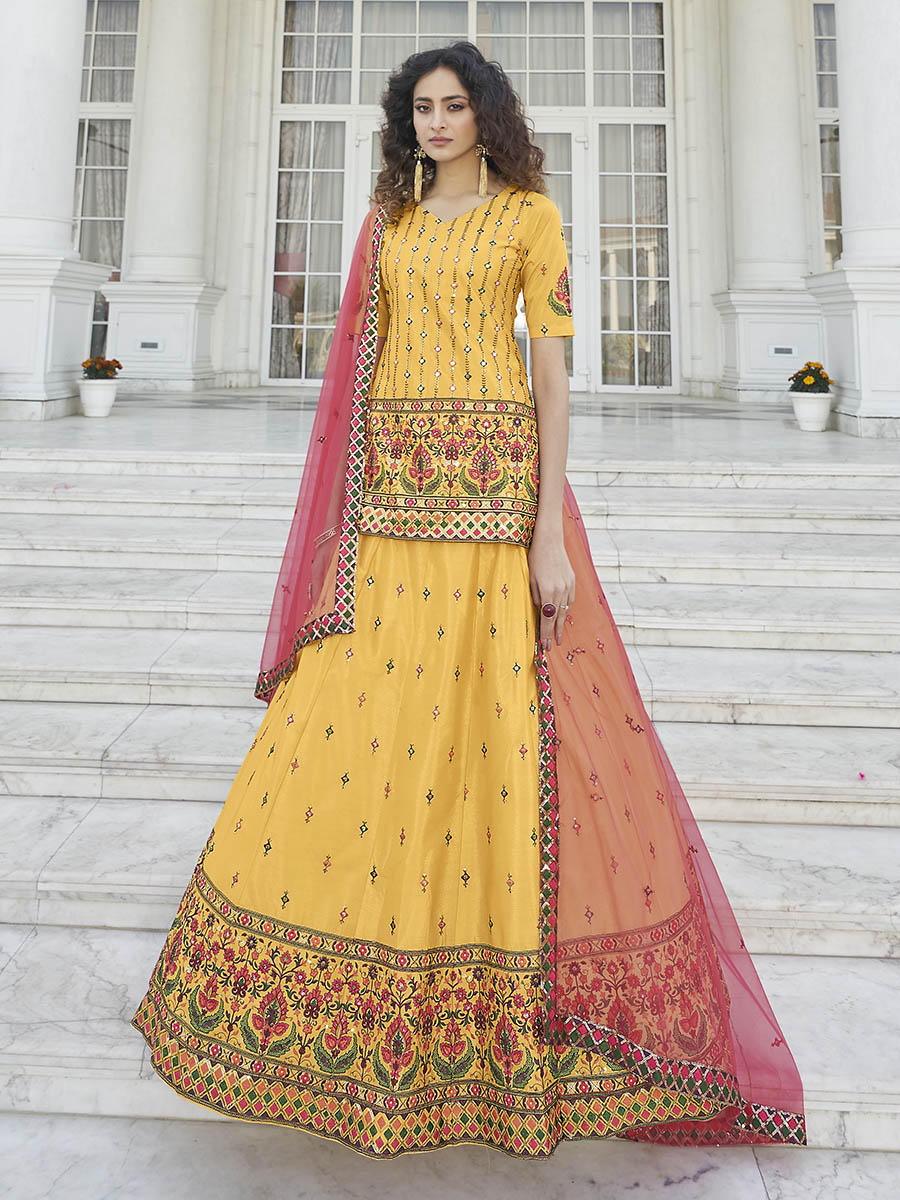 Myra Yellow - Deep Pink Embroidered Designer Lehenga
