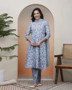 Vaasva Women Grey Panel Kurta With Cotton Pant & Dupatta - Distacart