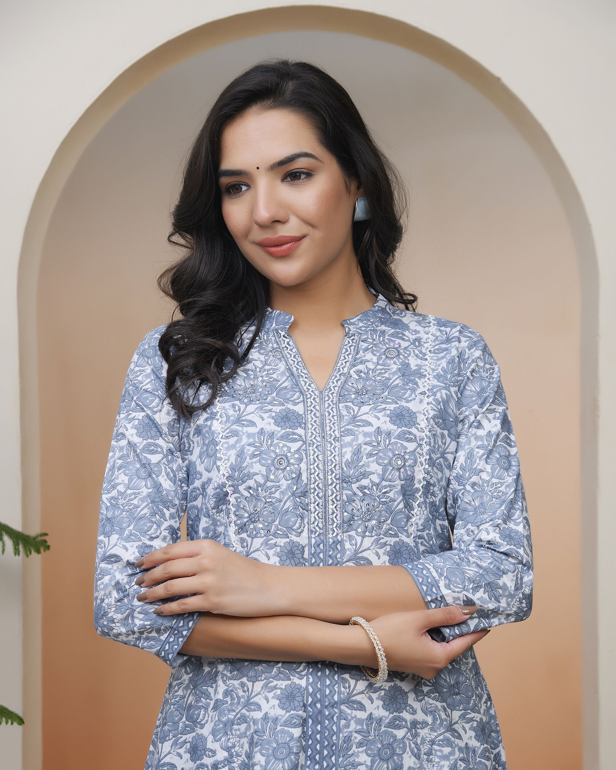 Vaasva Women Grey Panel Kurta With Cotton Pant & Dupatta - Distacart