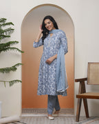 Vaasva Women Grey Panel Kurta With Cotton Pant & Dupatta - Distacart