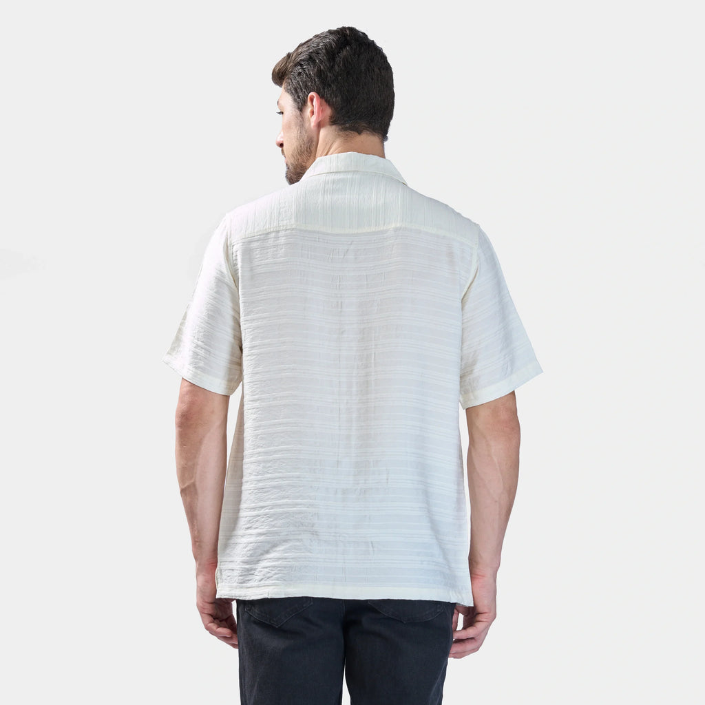 Xkind White Horizontal Pleated Stripes Relaxed Fit Shirt