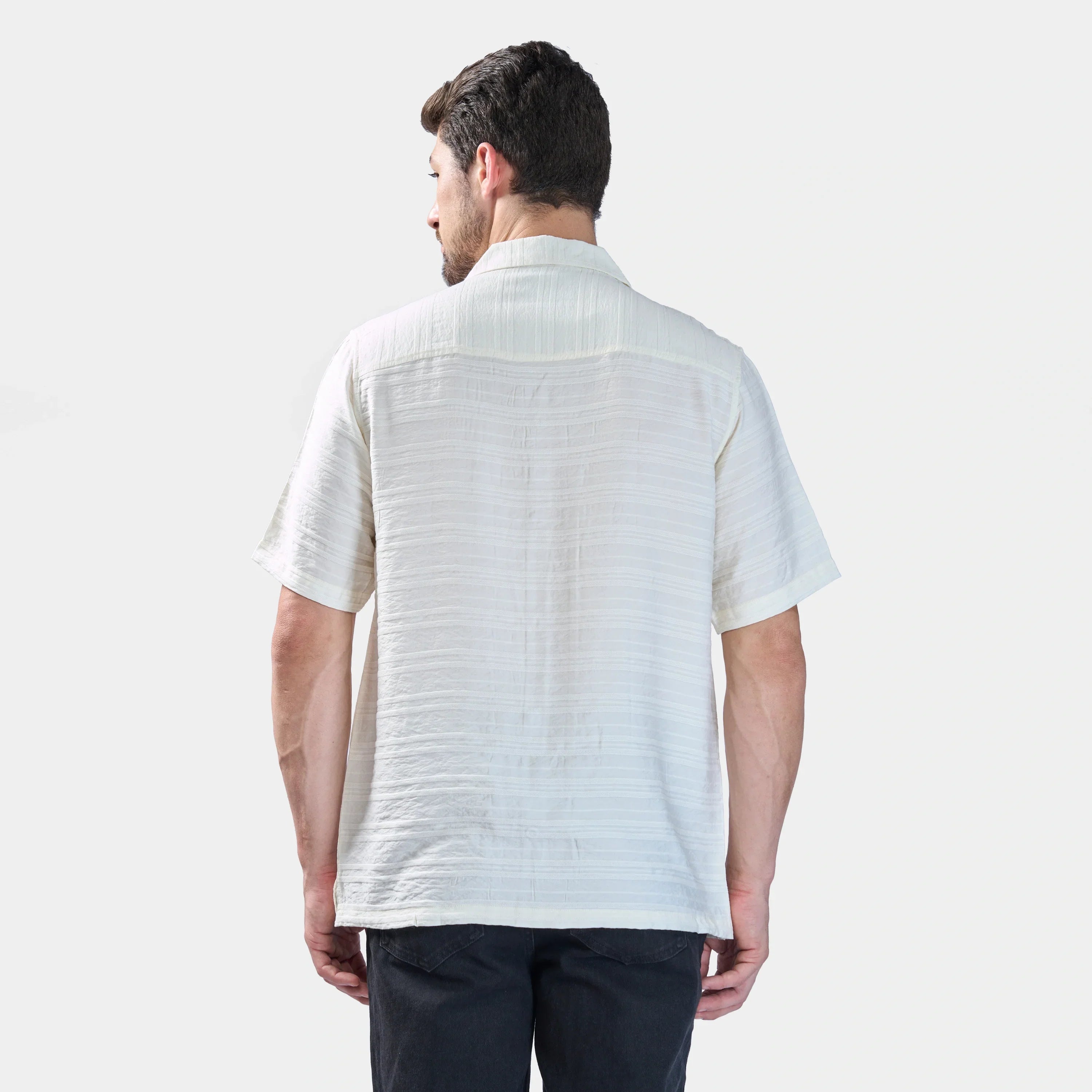 Xkind White Horizontal Pleated Stripes Relaxed Fit Shirt