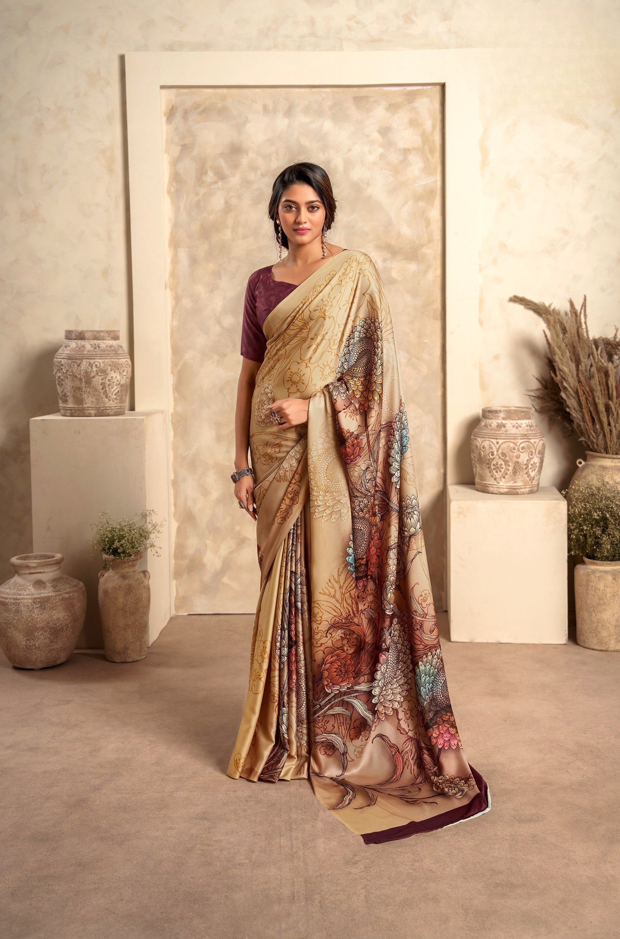 Anaita Dark Cream Soft Satin Silk With Zari Weaving Saree With Blouse - Distacart