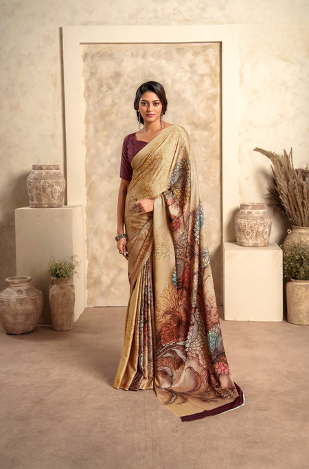 Anaita Dark Cream Soft Satin Silk With Zari Weaving Saree With Blouse