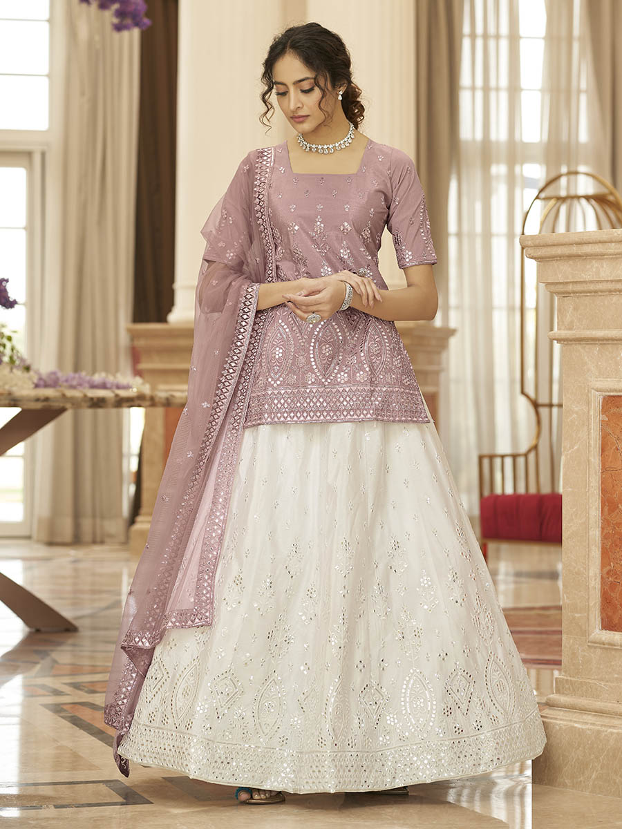 Myra Pearl White and Dusty Pink Embroidered Designer Lehenga