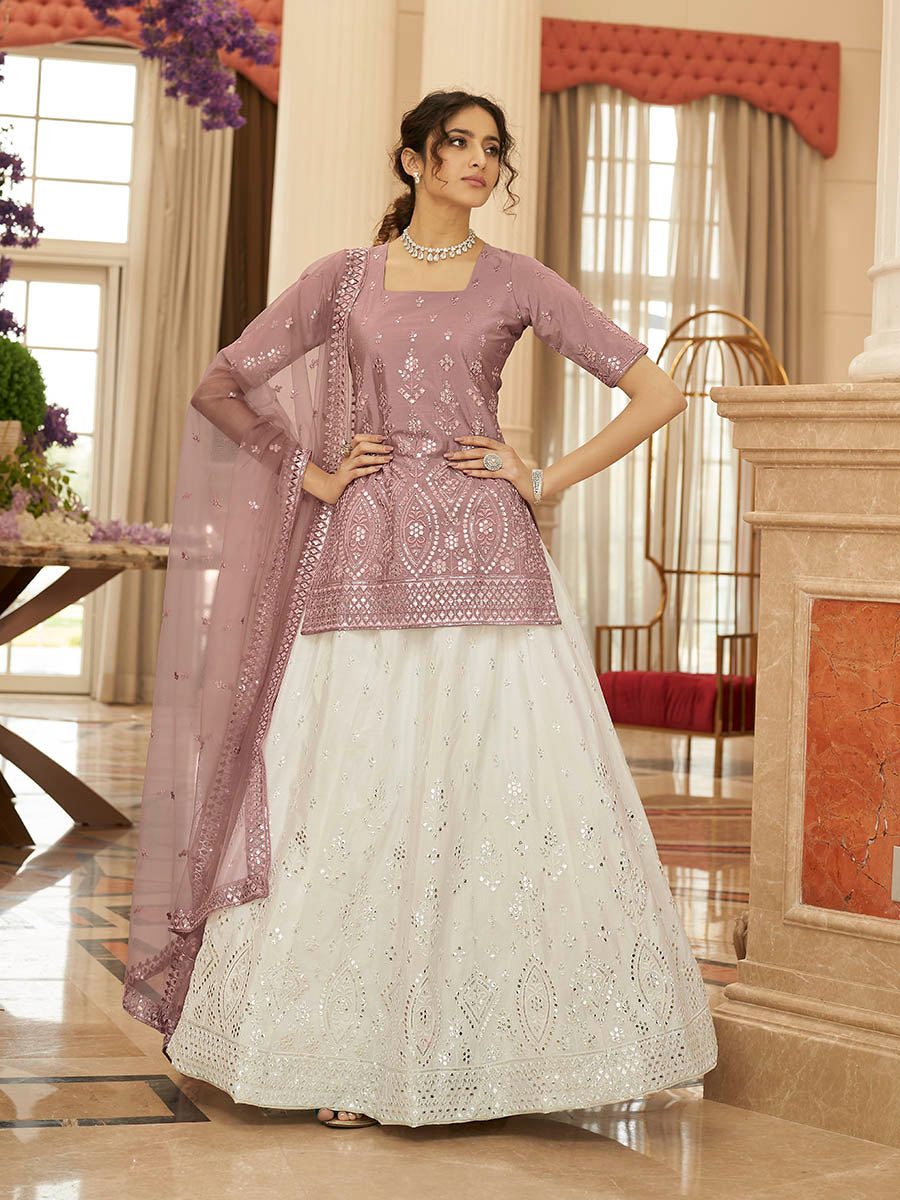 Myra Pearl White and Dusty Pink Embroidered Designer Lehenga