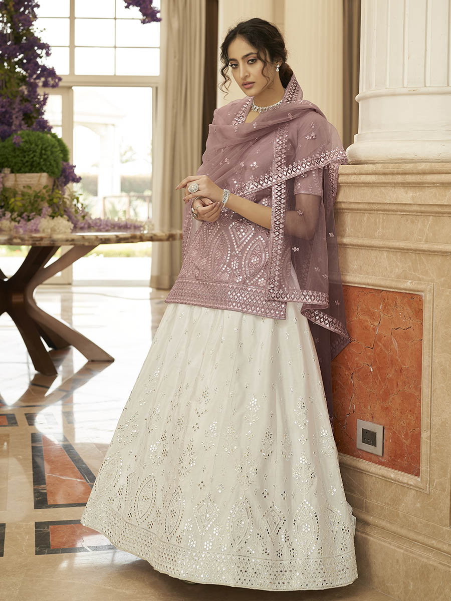Myra Pearl White and Dusty Pink Embroidered Designer Lehenga